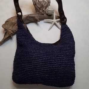 Midnight Blue Raffia Hobo Bag with Leather Strap